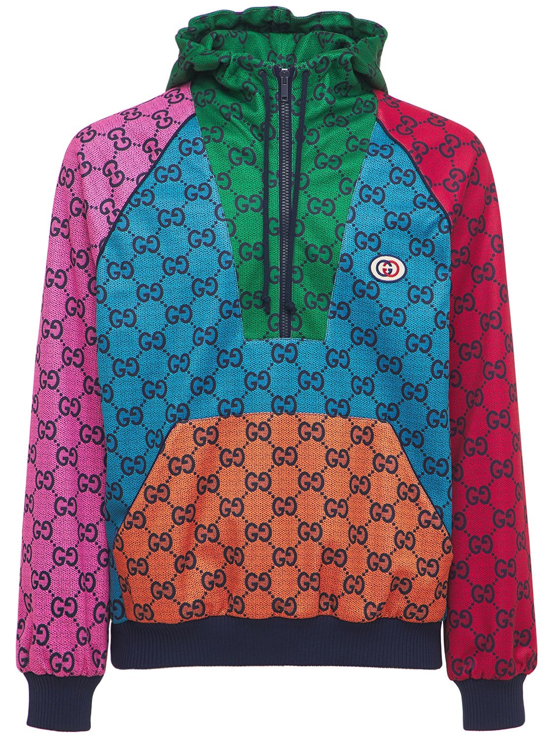 Gucci Colour-block Logo-print Tech-jersey Half-zip Hoodie In Blue