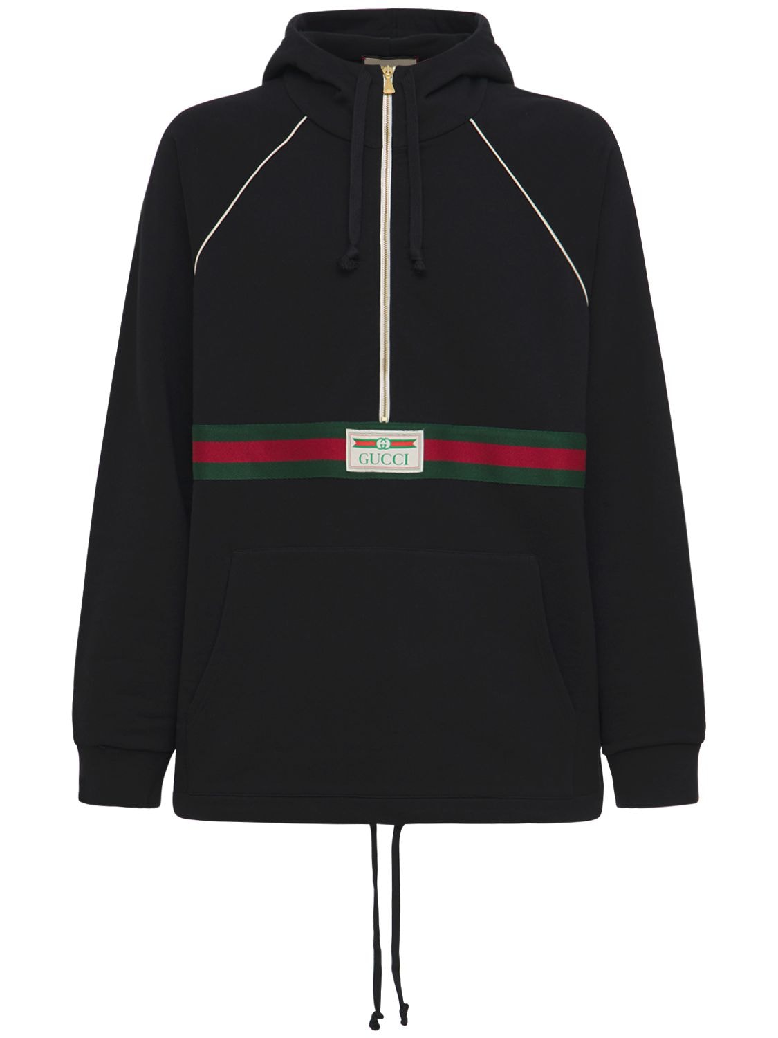 Gucci - Logo web half-zip cotton jersey hoodie - Black | Luisaviaroma