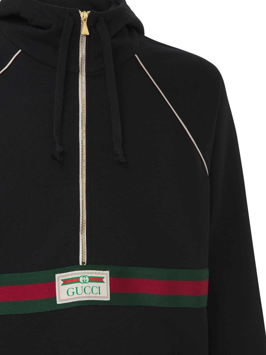 Shop Gucci Logo Web Half-zip Cotton Jersey Hoodie In Black