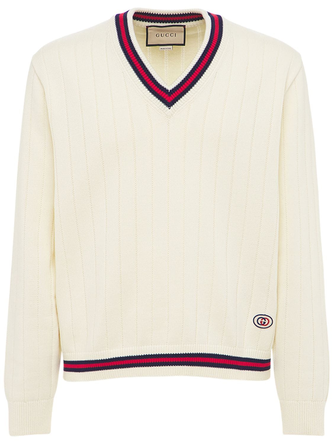 Gucci Cotton Knit V Neck Sweater W/ Web In Ivory