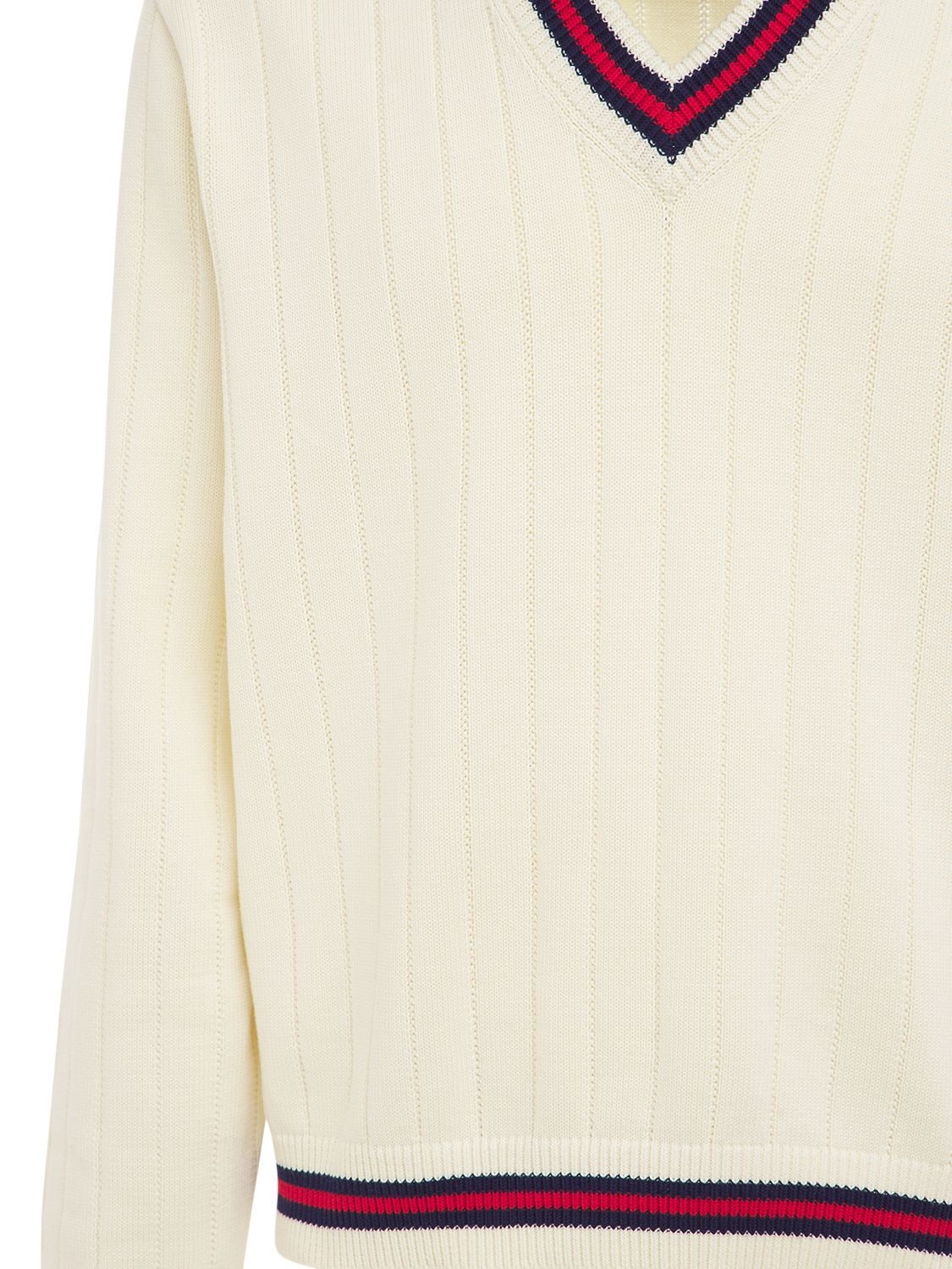 Shop Gucci Cotton Knit V Neck Sweater W/ Web In Ivory