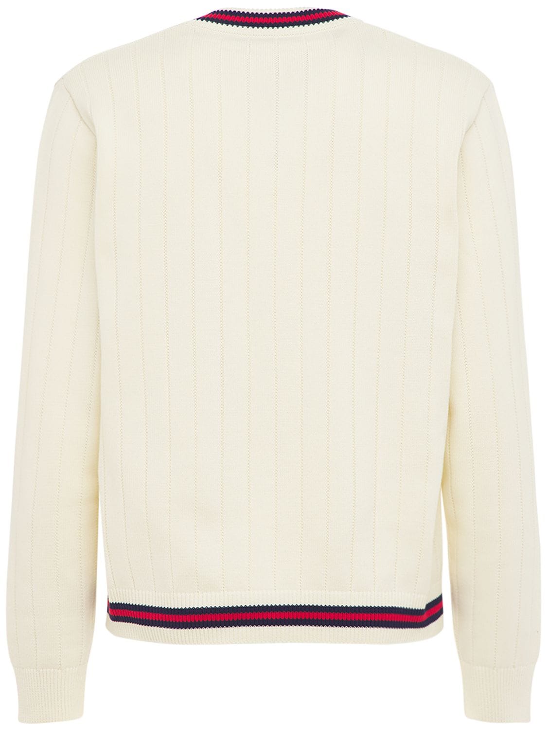 Shop Gucci Cotton Knit V Neck Sweater W/ Web In Ivory