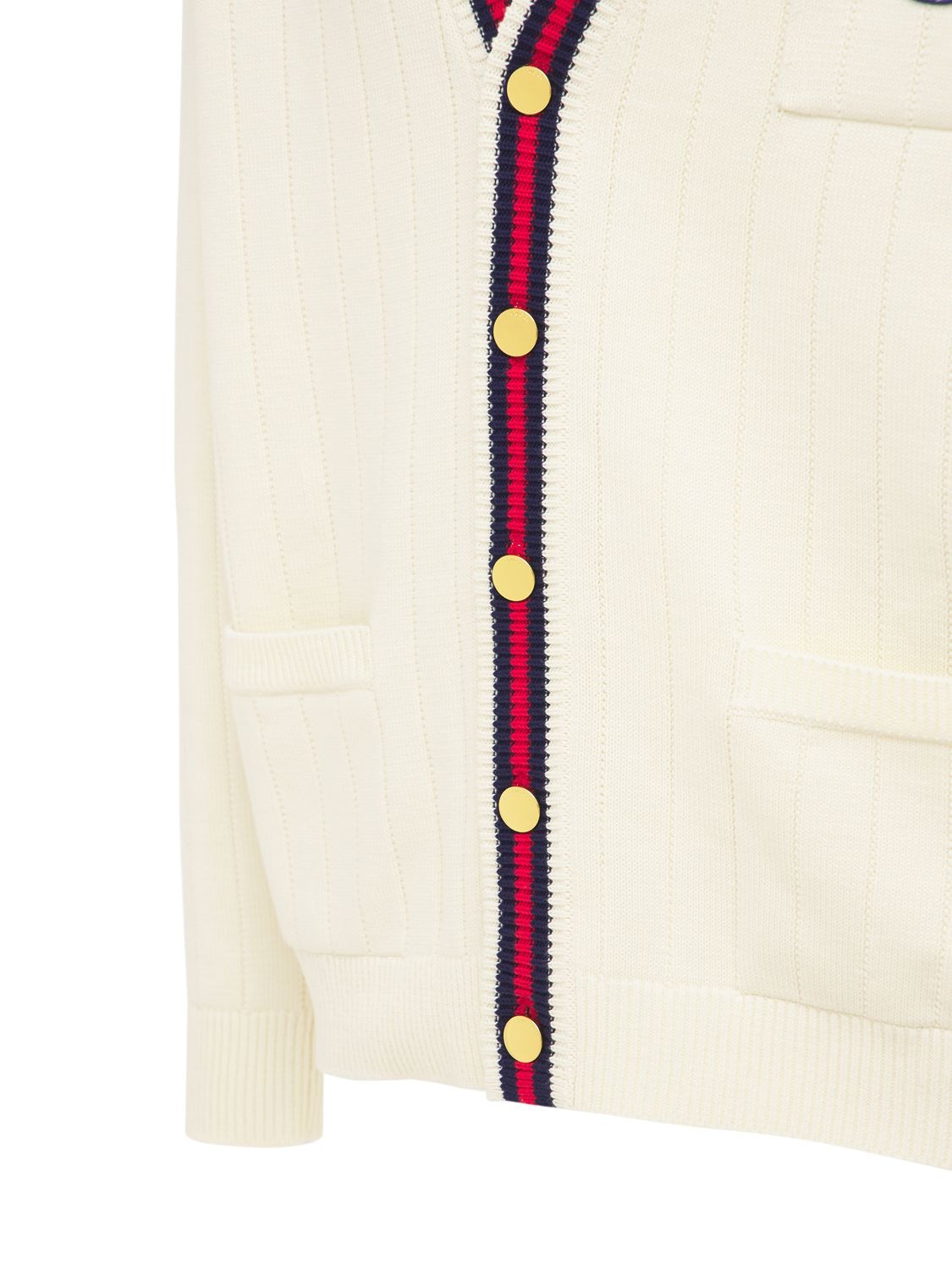 Shop Gucci Web V Neck Cotton Knit Cardigan In Ivory