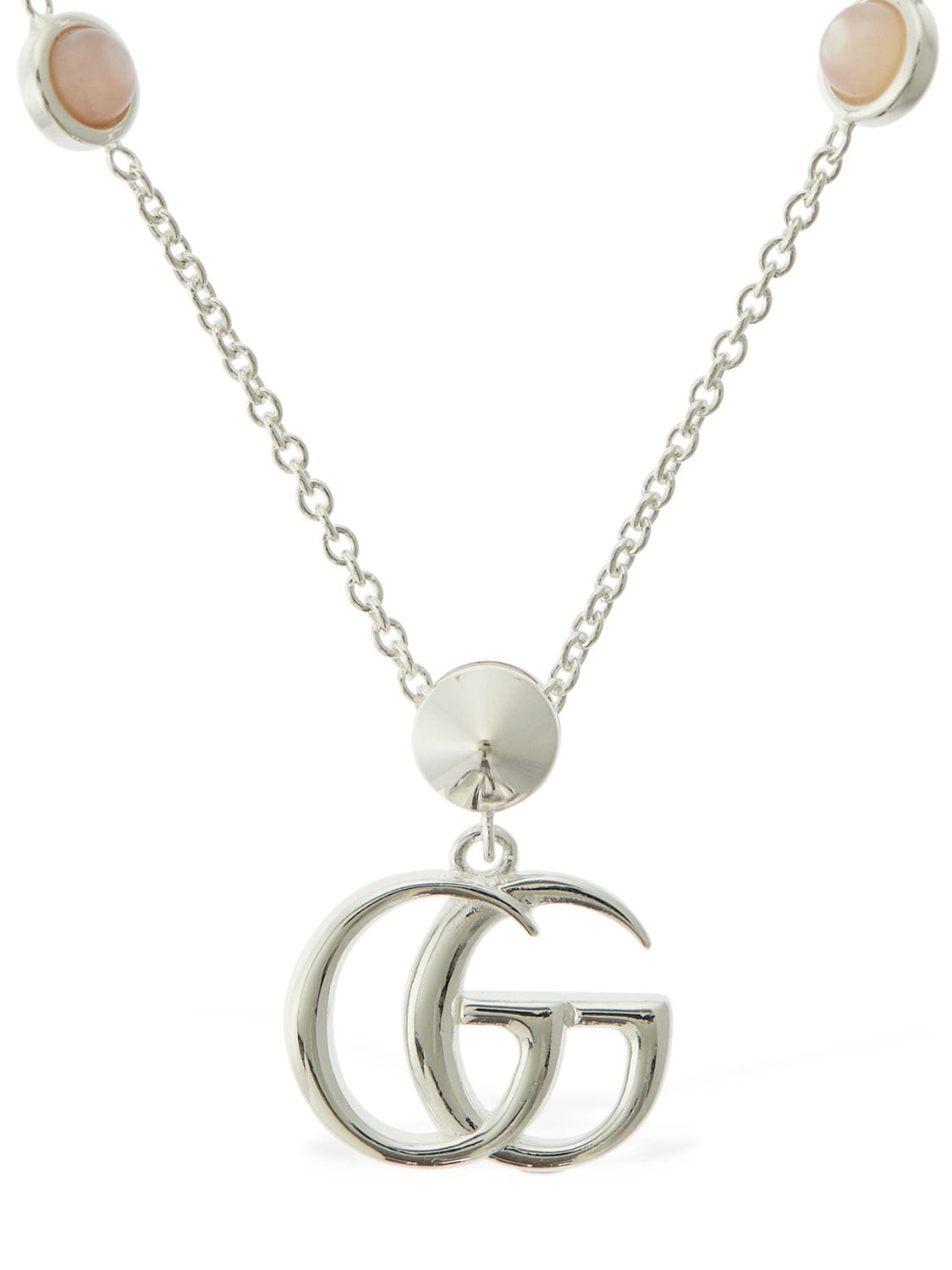 Shop Gucci Double G Mother Of Pearl Necklace In Silver,pink
