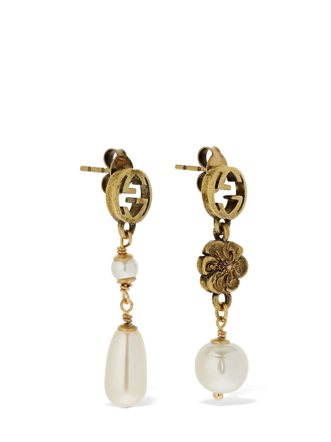Shop Gucci Gg Flower Imitation Pearl Earrings In Gold,cream