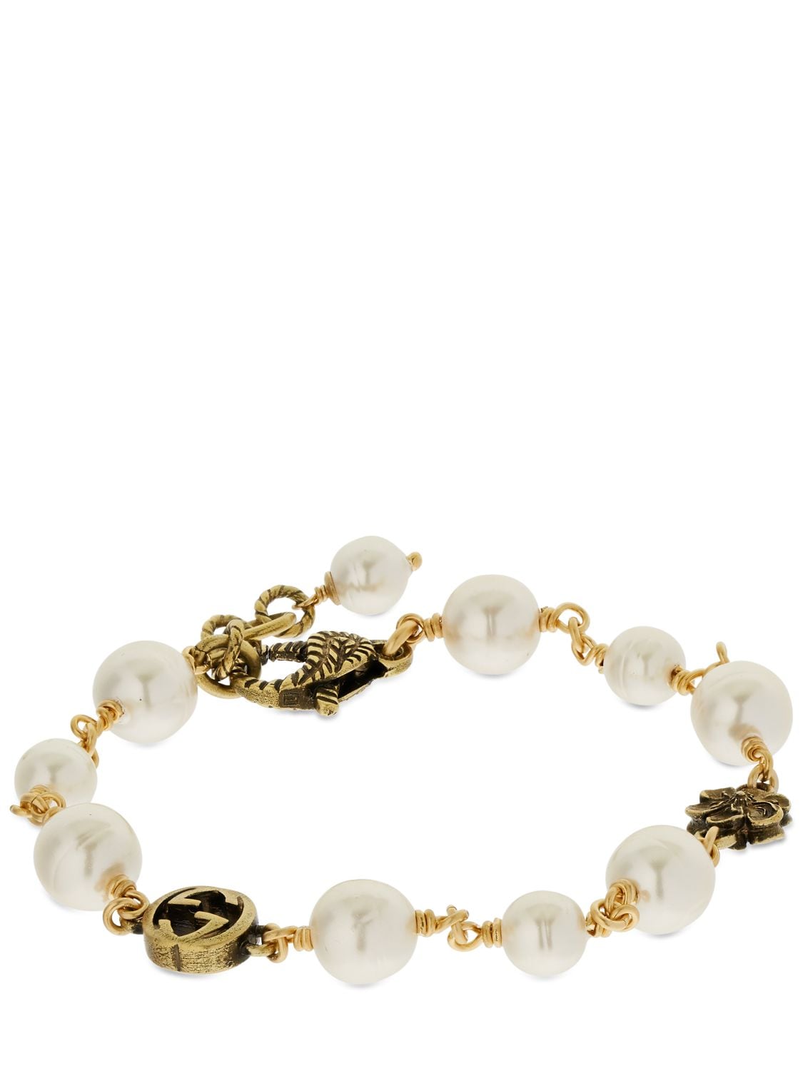 Shop Gucci Gg Flower Imitation Pearl Bracelet In Gold,cream