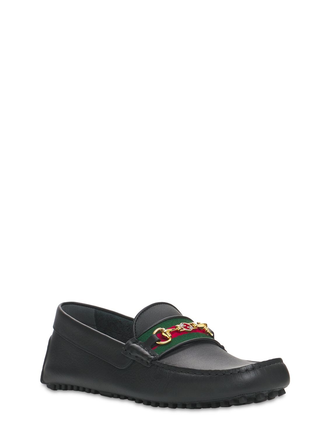 Shop Gucci 10mm Web Leather Driver Loafers In Black