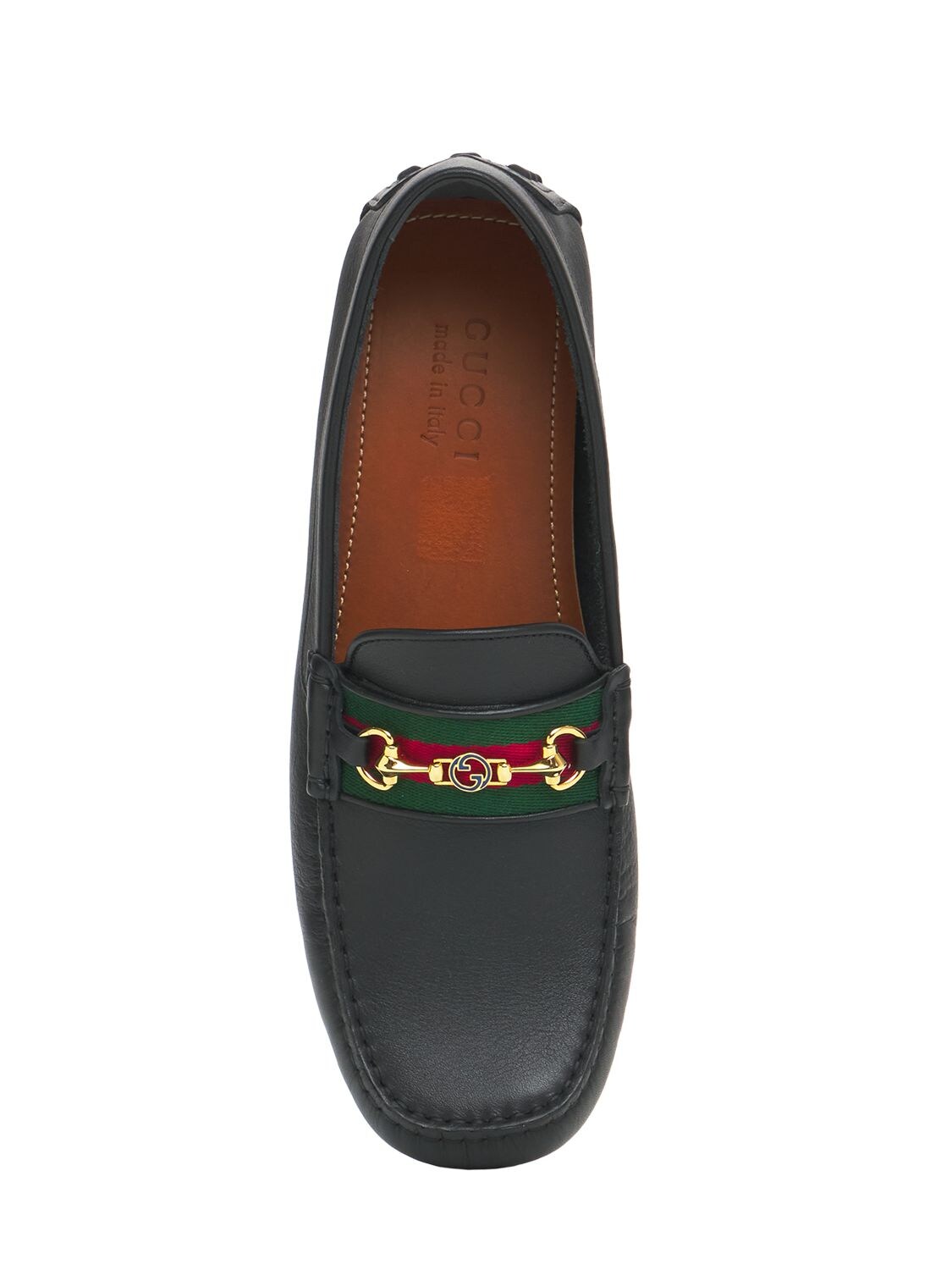 Shop Gucci 10mm Web Leather Driver Loafers In Black