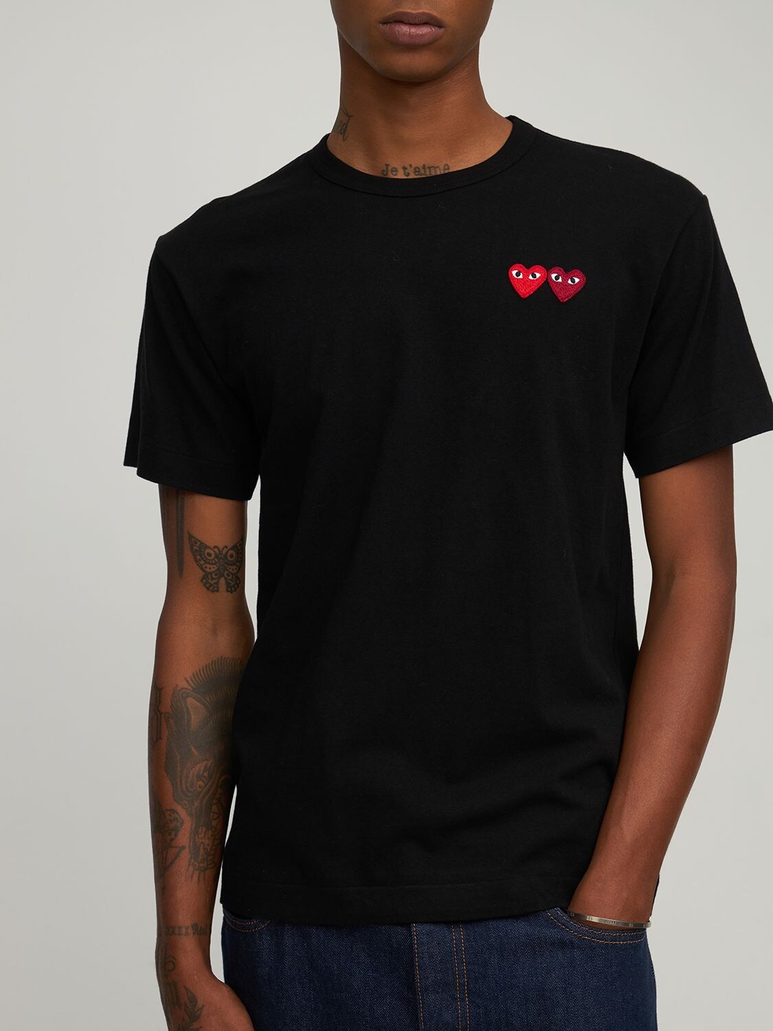 Shop Comme Des Garçons Play Double Heart Patch Cotton Jersey T-shirt In Black