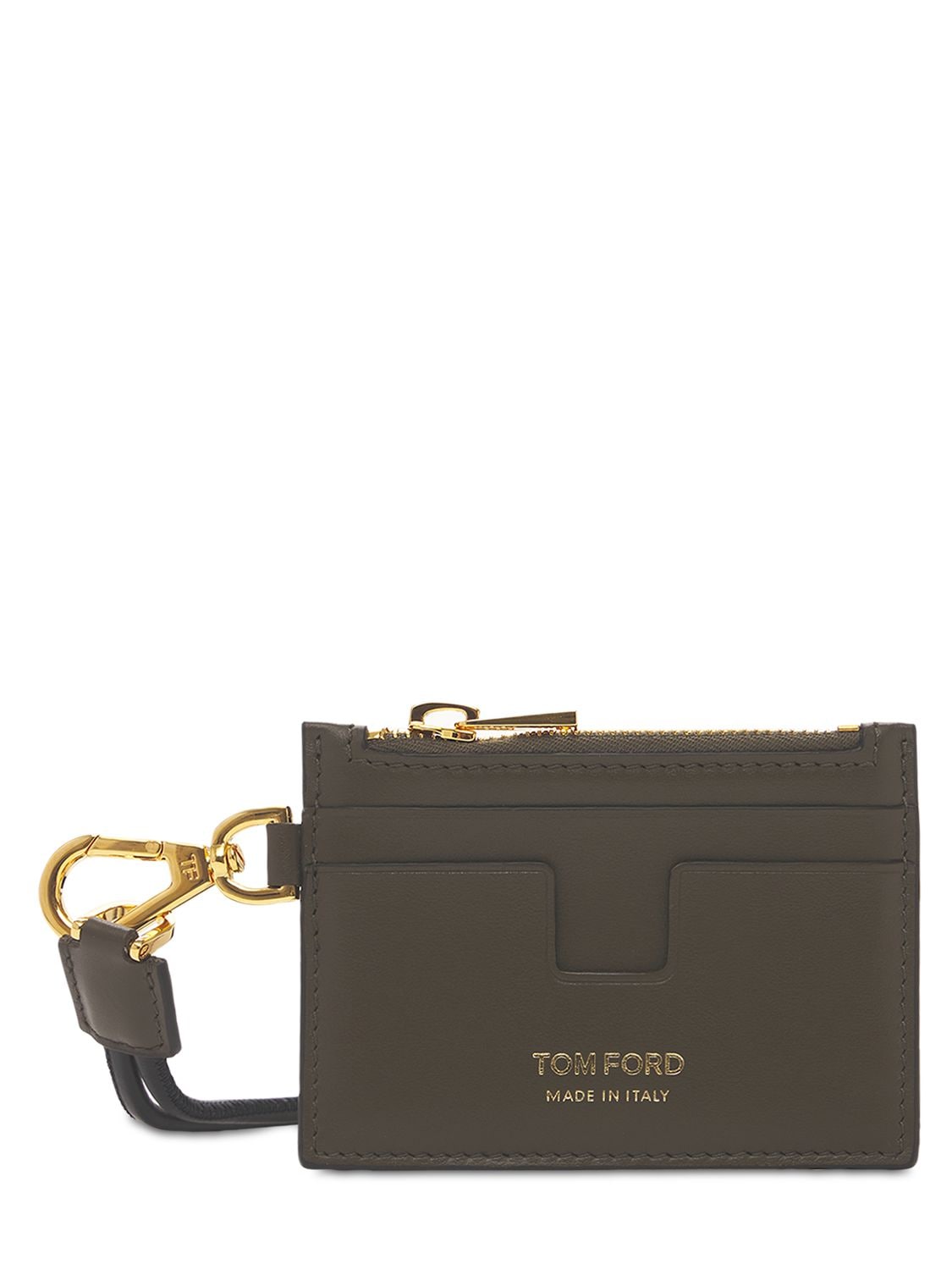 Tom Ford Logo Leather  Zip Cardholder W/  Strap In Dunkelolive