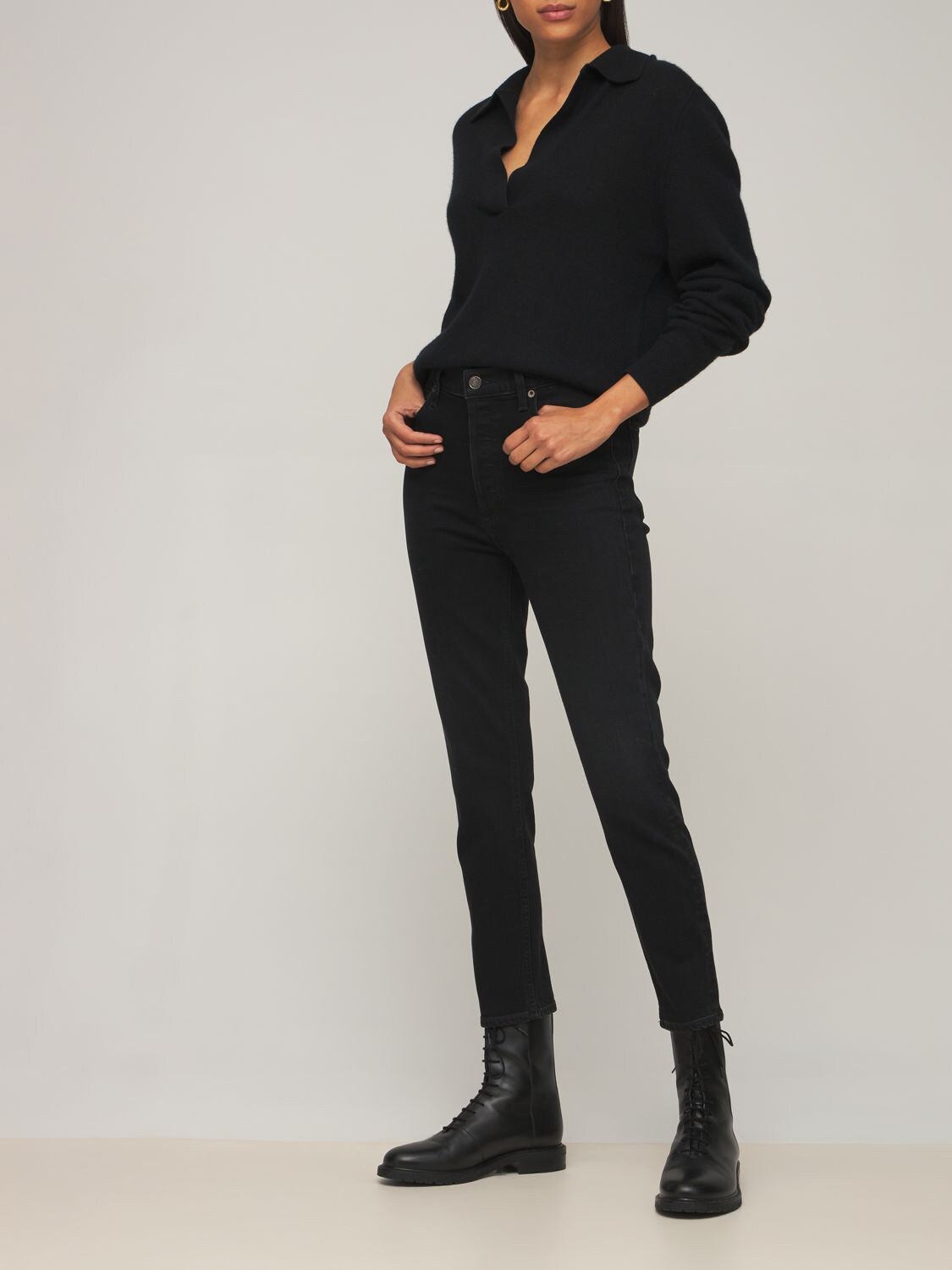 Shop Agolde Nico High Waist Slim Cotton Jeans In Black