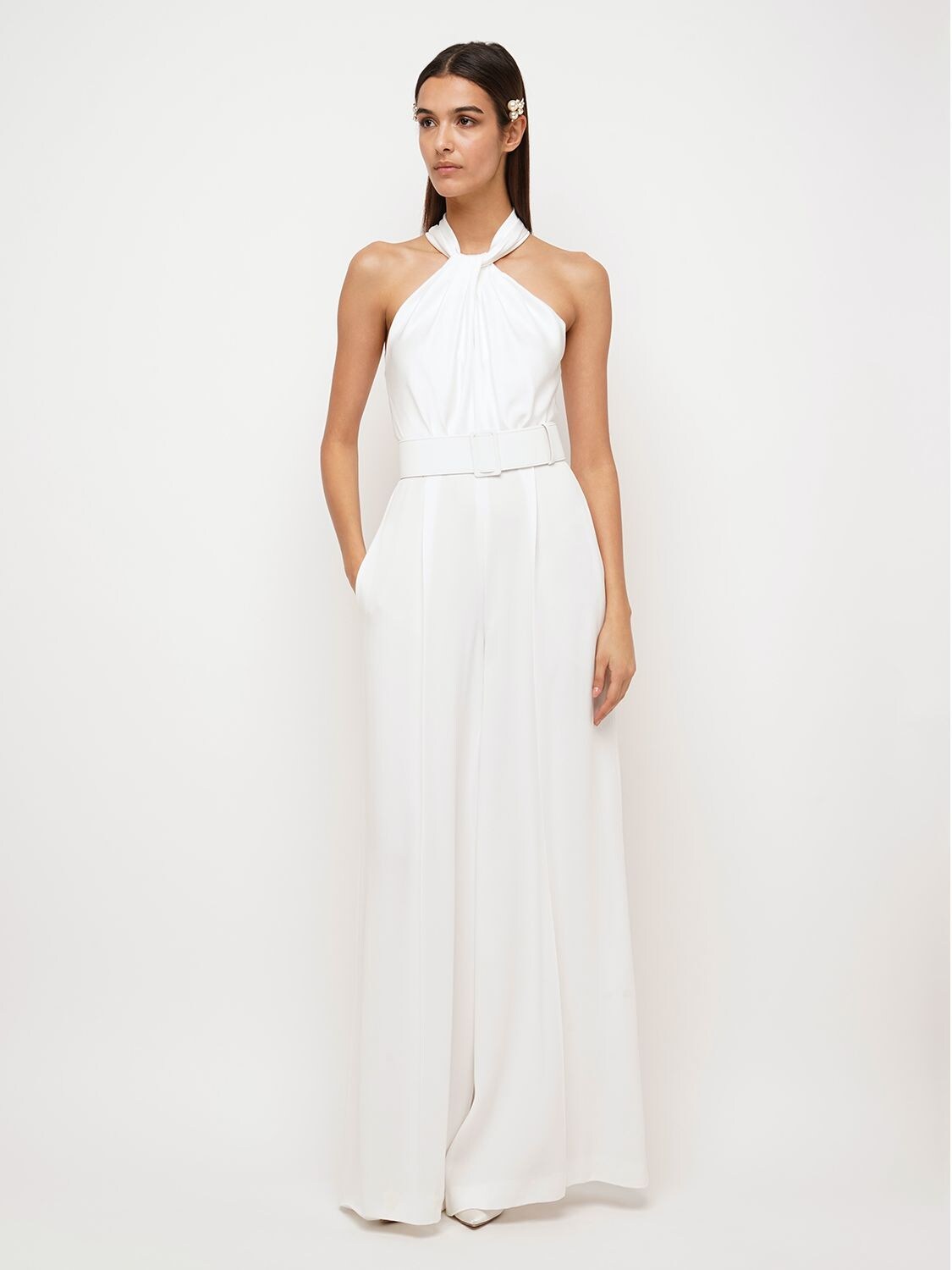 Max Mara Belted Crepe Envers Satin Jumpsuit In White | ModeSens