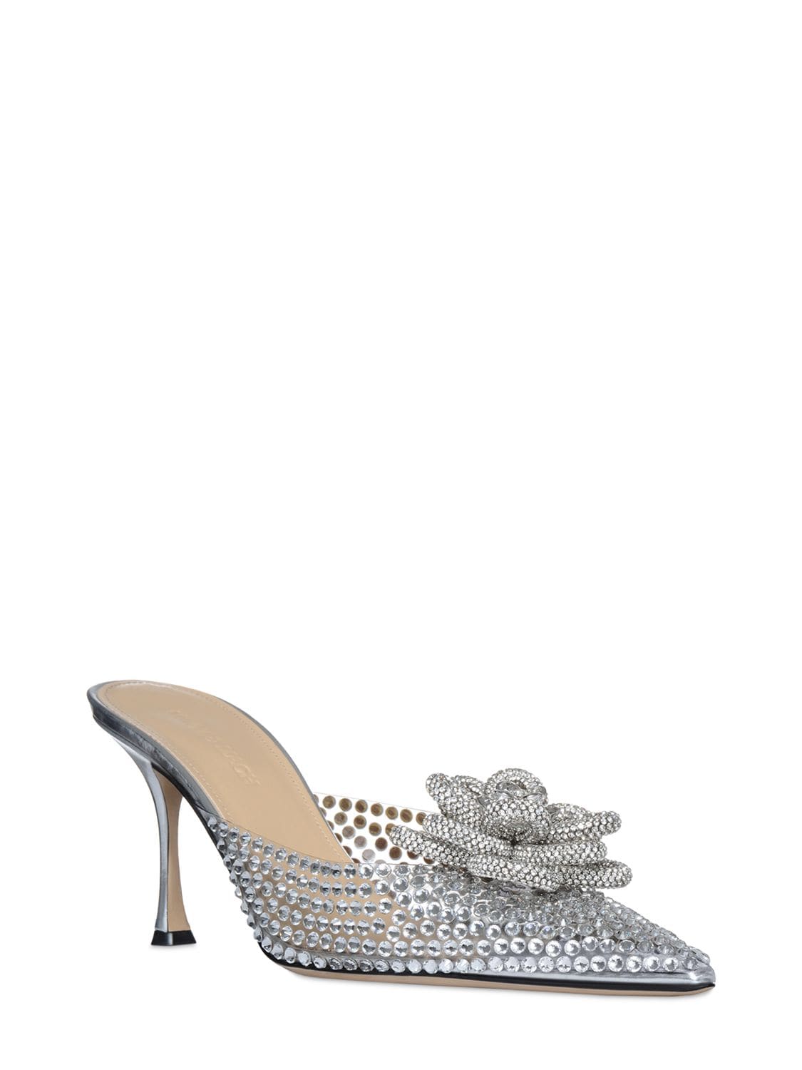 Mach & Mach 85mm Flower Embellished Pvc Mules In Silver | ModeSens