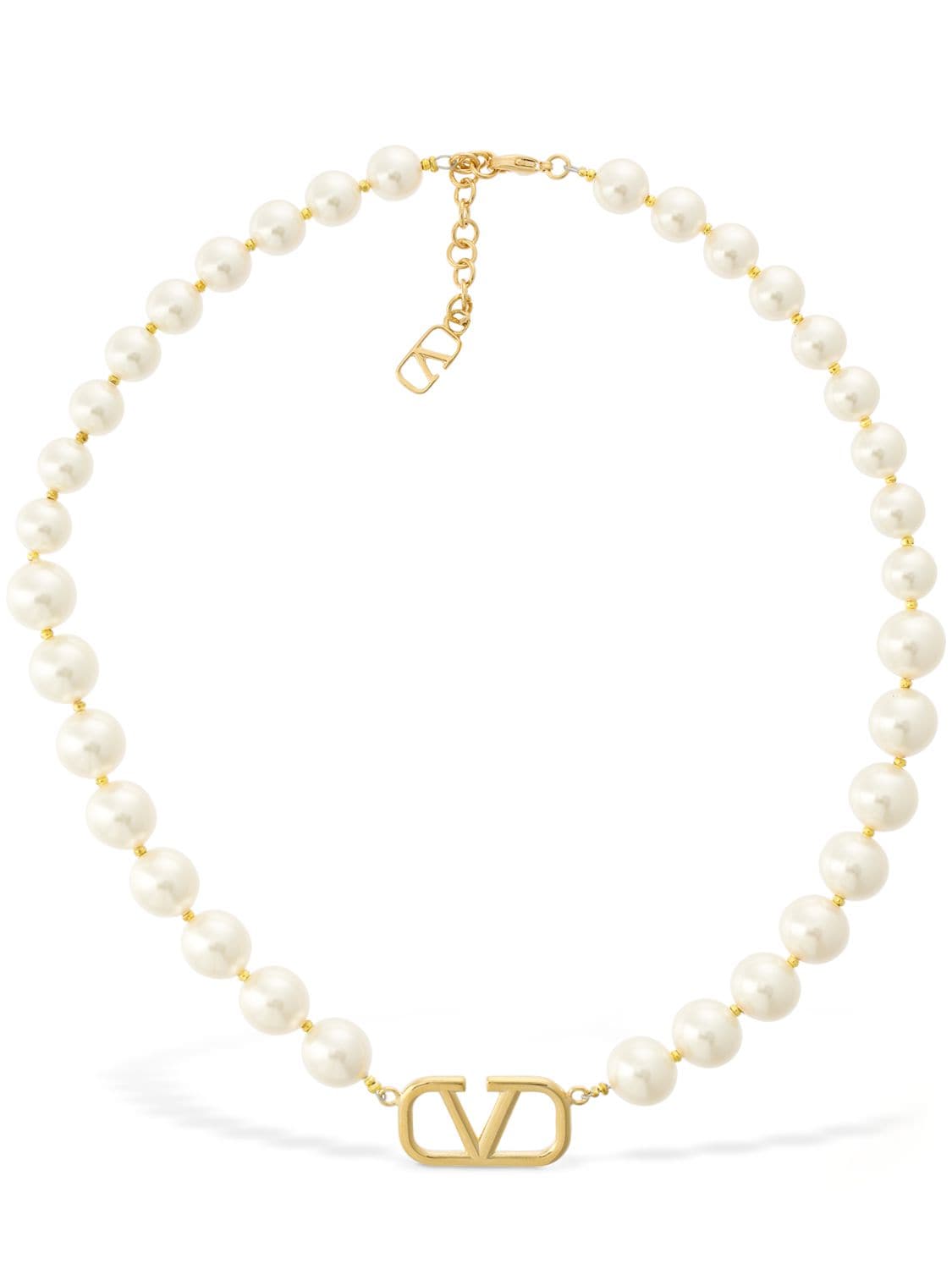 Valentino Garavani Imitation Pearl Chain V Logo Necklace In Gold,white