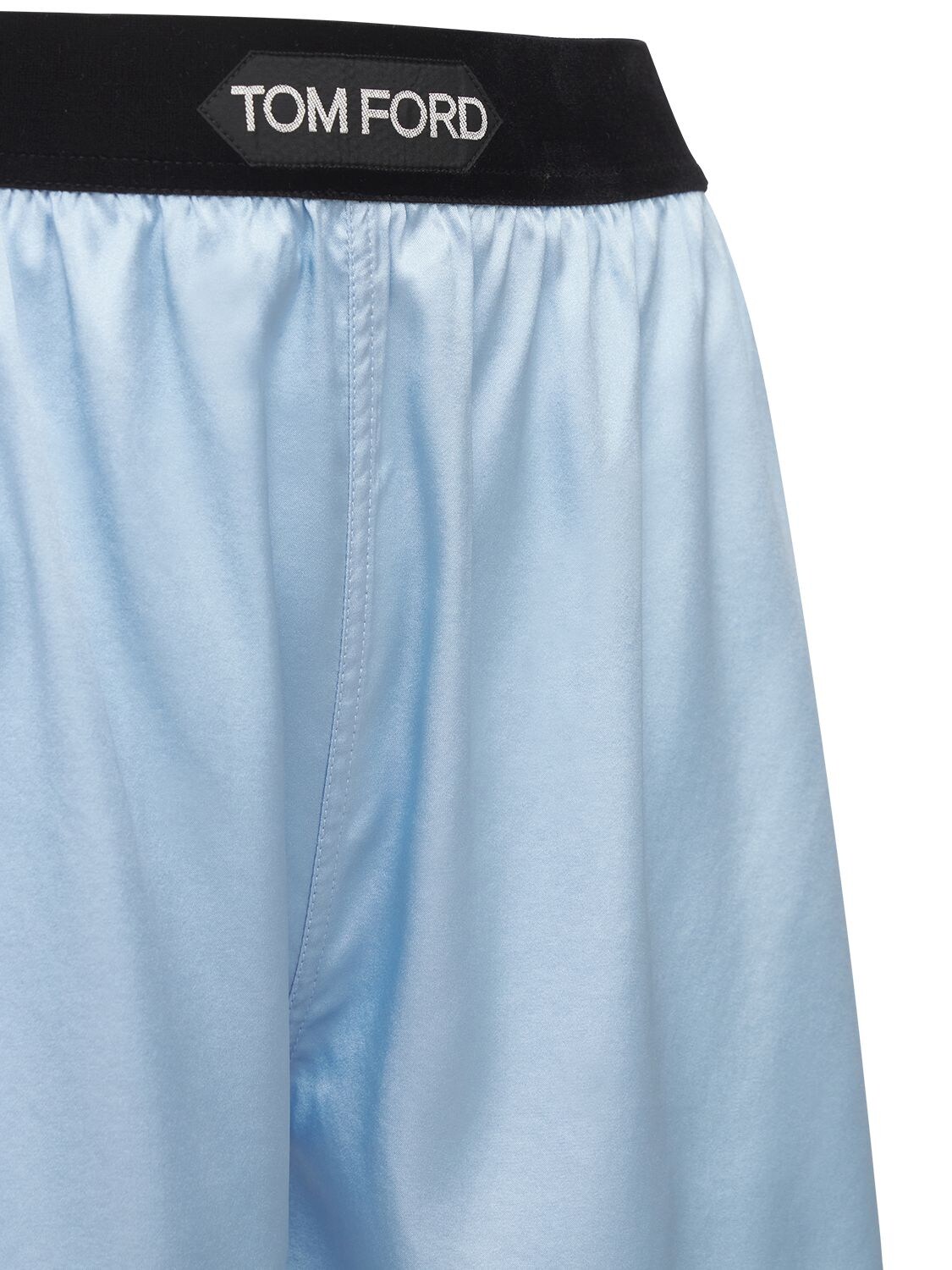 Shop Tom Ford Logo Silk Satin Mini Shorts In Light Blue