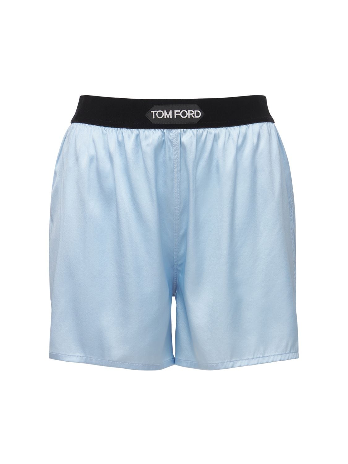 Shop Tom Ford Logo Silk Satin Mini Shorts In Light Blue