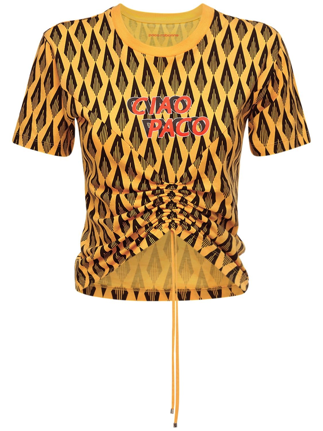 Rabanne Cropped Ruched Printed Cotton-jersey T-shirt In Yellow,multi