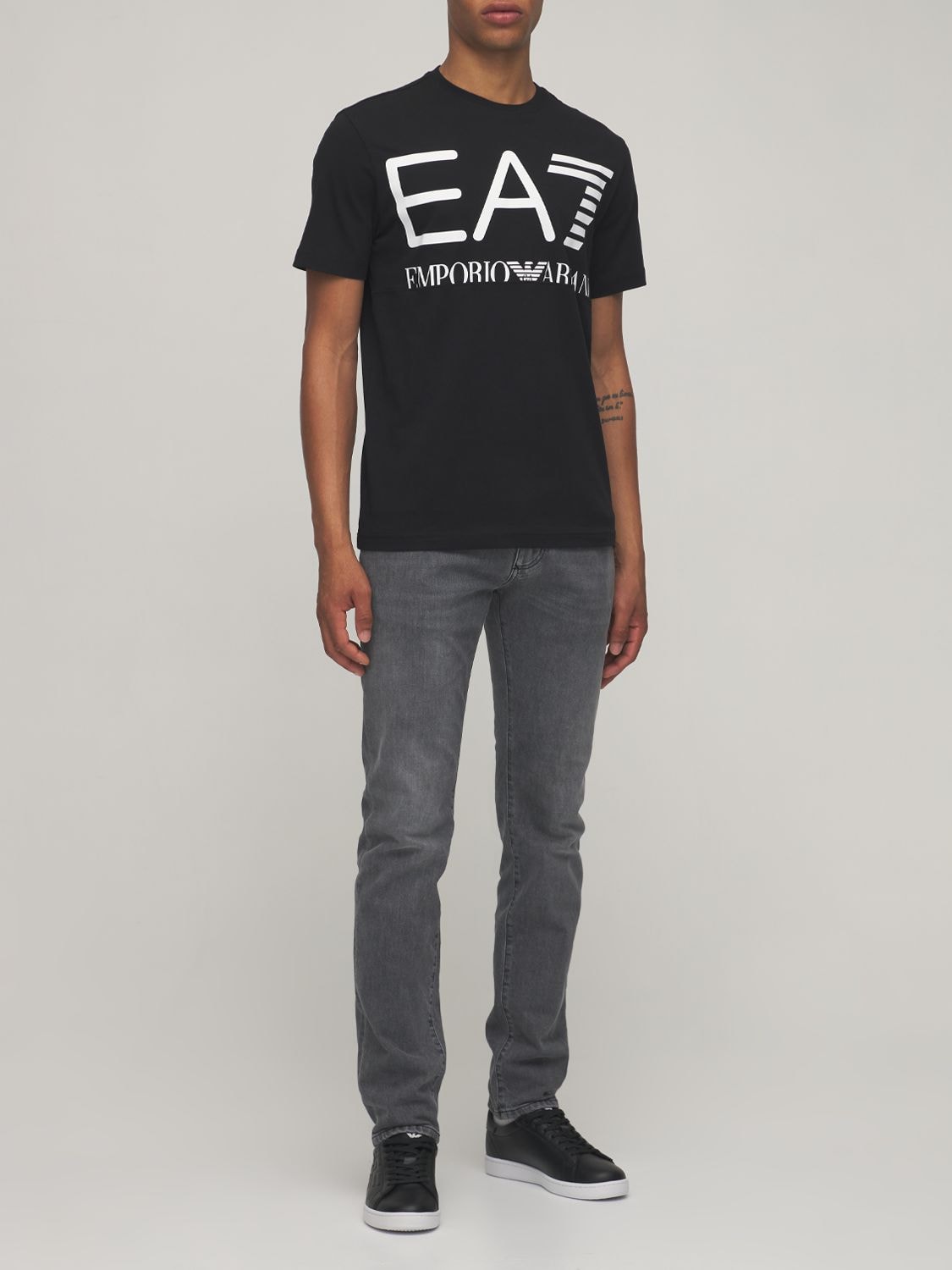 Ea7 Logo Printed Cotton Jersey T-shirt In Black,white