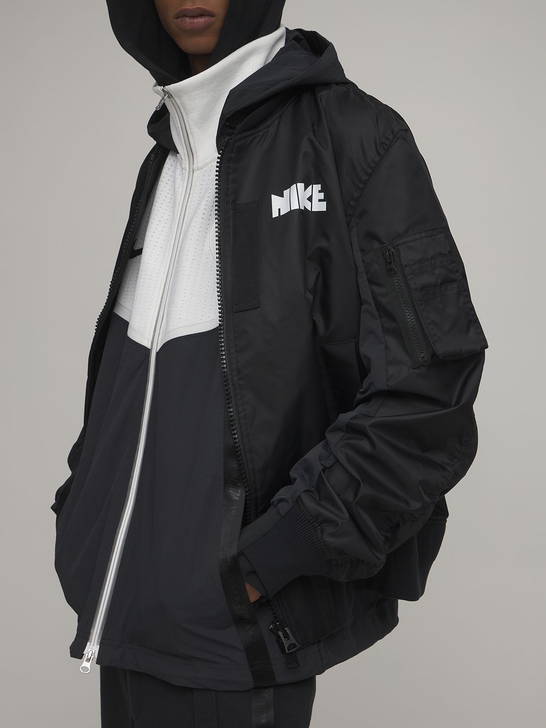 Nike Sacai Layered Recycled Shell And Mesh Hooded Bomber Jacket In