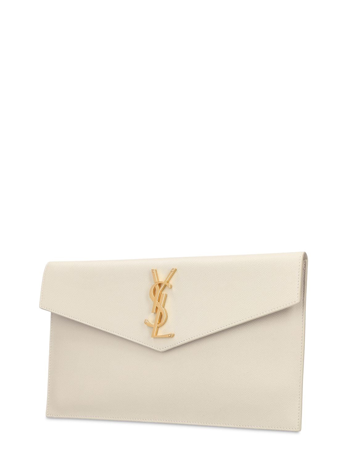 Shop Saint Laurent Uptown Leather Envelope Clutch In Crema Soft