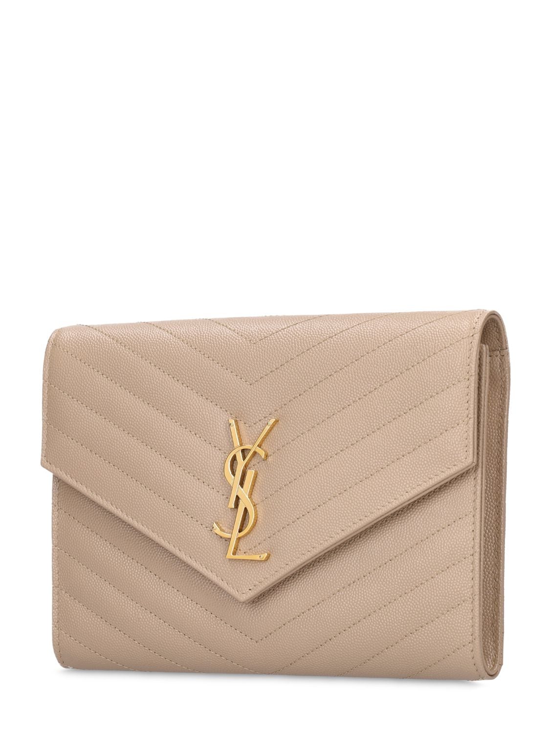 Shop Saint Laurent Cassandre Leather Clutch In Dark Beige