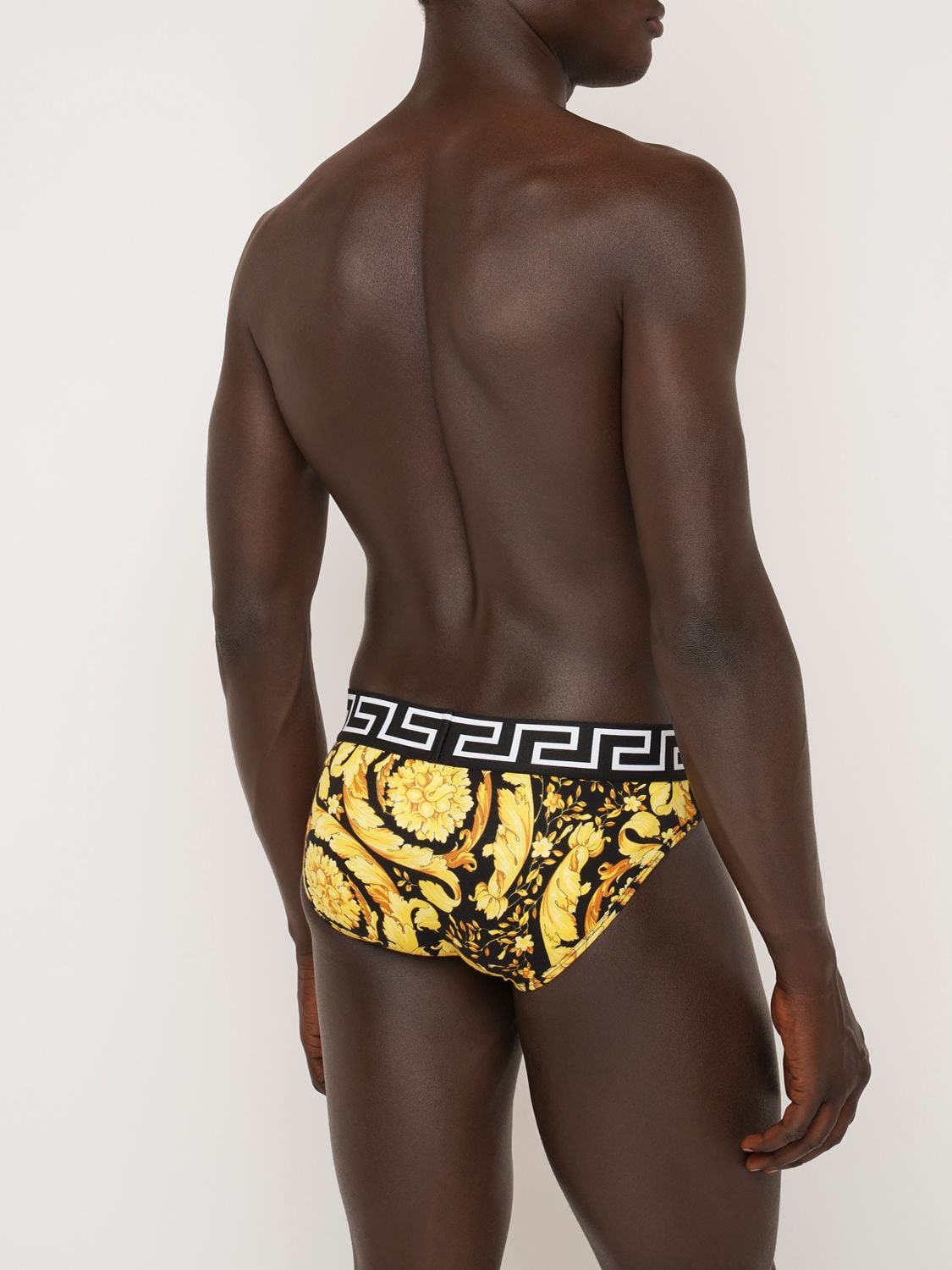 Shop Versace Barocco Print Stretch Cotton Briefs In Black,gold