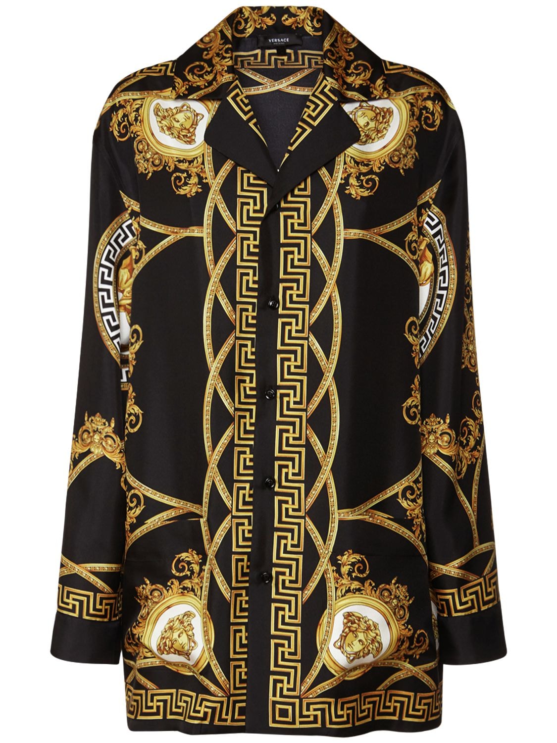 Versace Printed Silk-twill Pajama Shirt In Black,gold | ModeSens