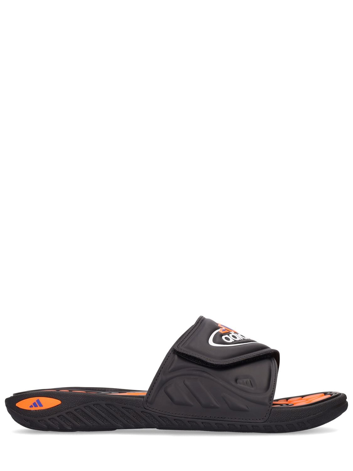 black and orange adidas slides