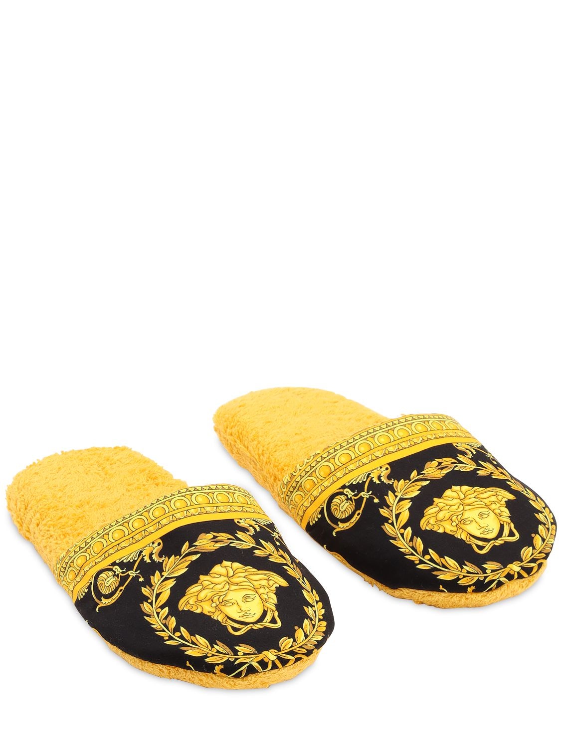 Versace Barocco & Dressing Gown Cotton Slippers In Gold,black