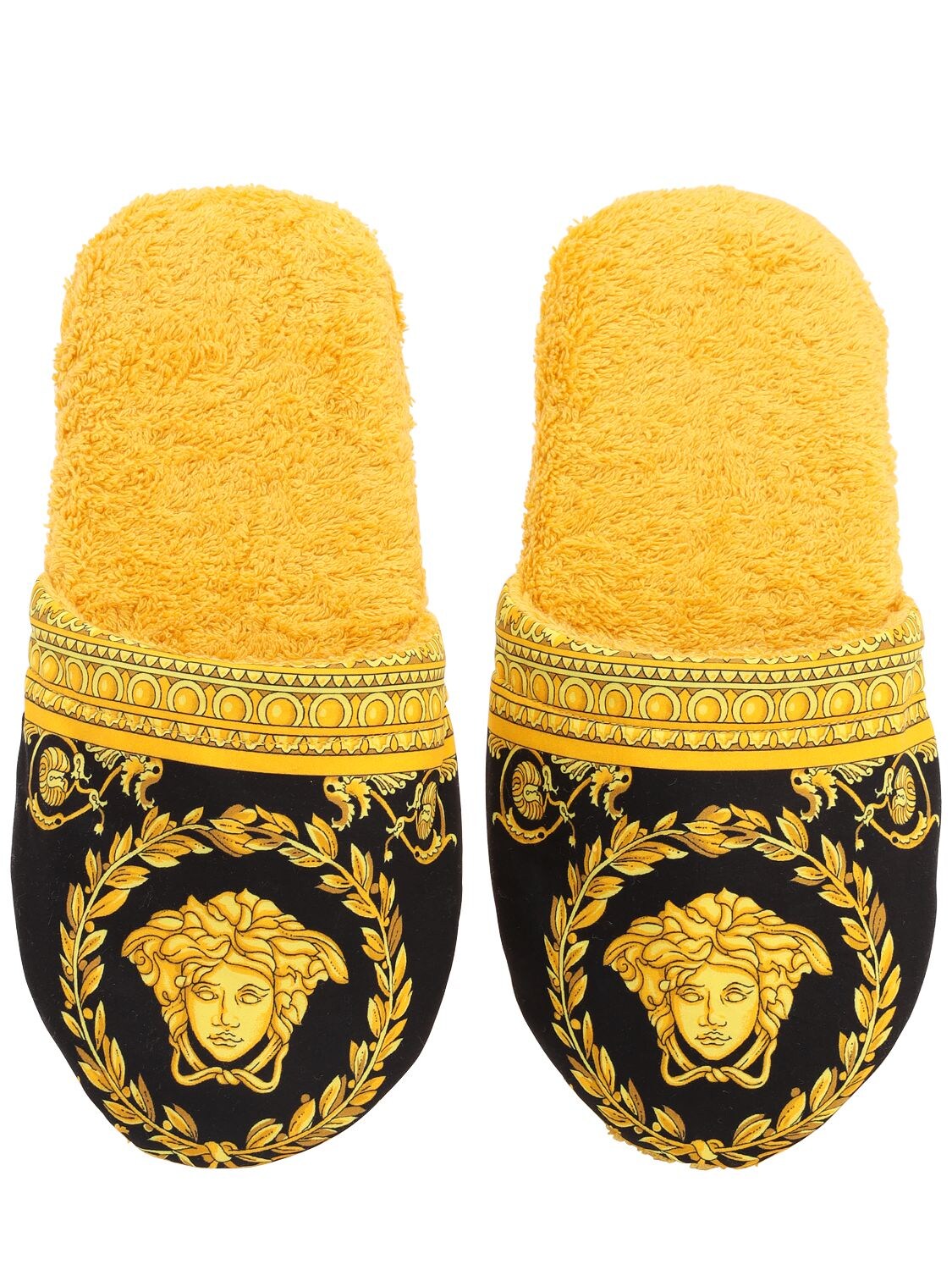 Shop Versace Barocco & Robe Cotton Slippers In Gold,black