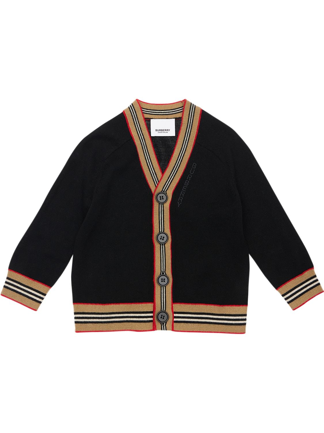 Shop Burberry Icon Stripe Intarsia Wool Knit Cardigan In Black
