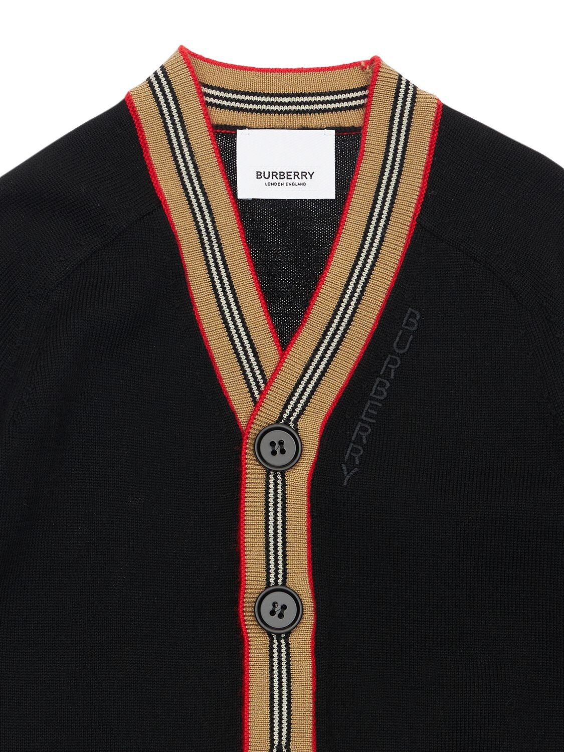 Shop Burberry Icon Stripe Intarsia Wool Knit Cardigan In Black