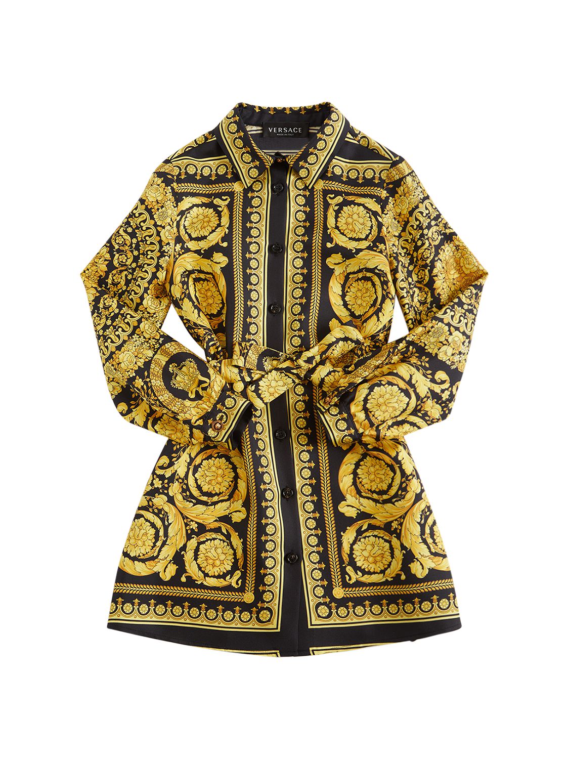 Versace Baroque Print Silk Dress In Yellow,black