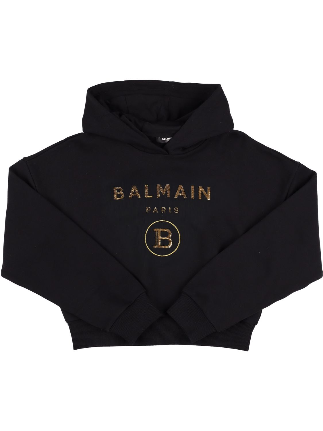 Balmain Kids' Sequined Logo Cotton Hoodie In Black