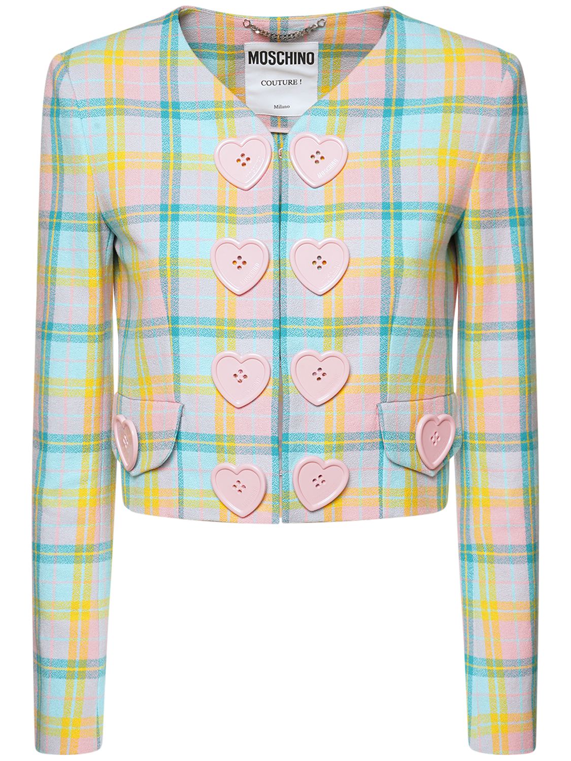 ジャケット Moschino SS23 HEART BUTTONS CREPE JACKET (05250424_4028) Moschino Heart-button Check-print Cropped Jacket In Fantasy