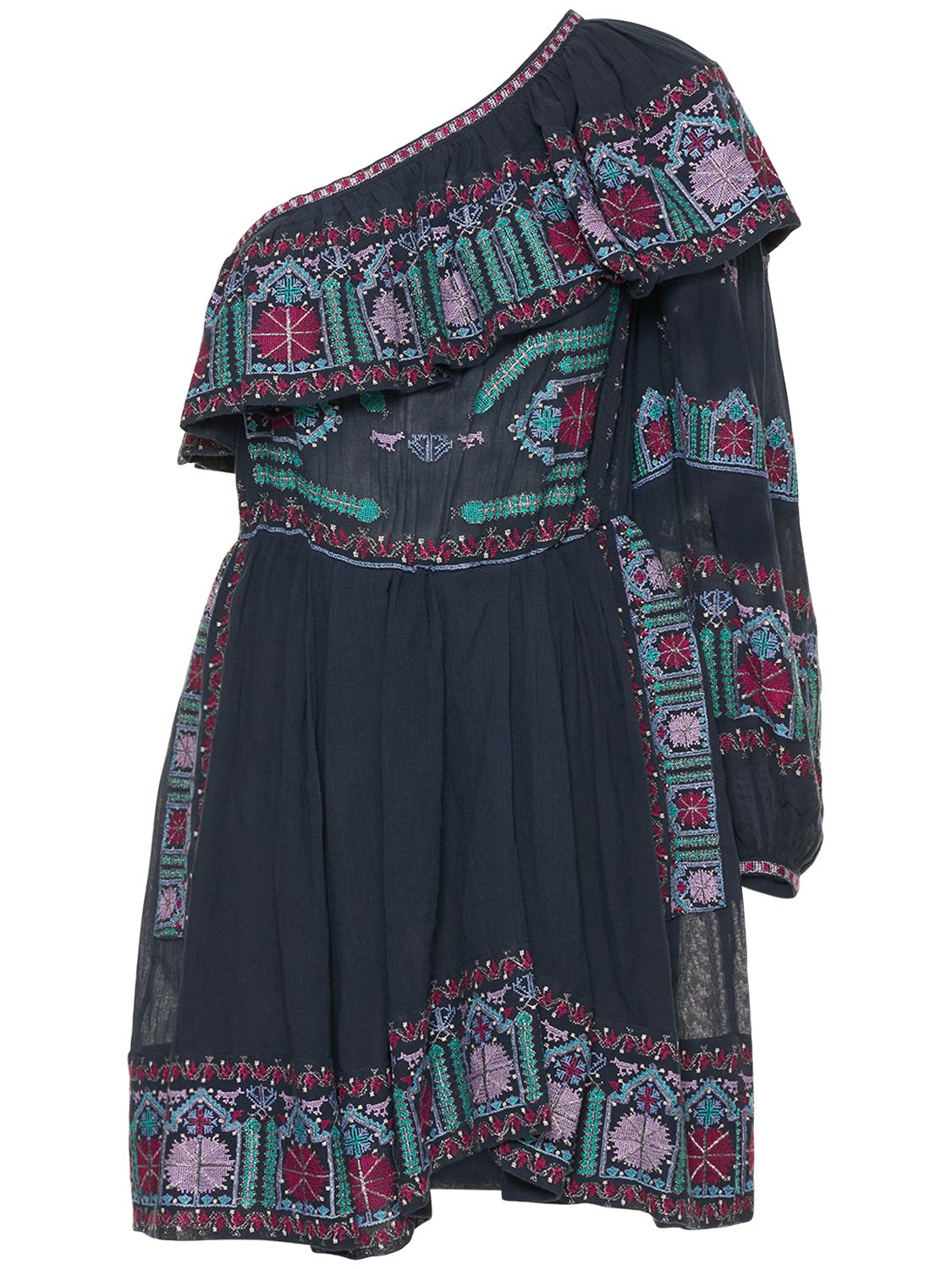 Isabel Marant Colbie One-sleeve Embroidered Cotton-voile Mini Dress In Navy,multi