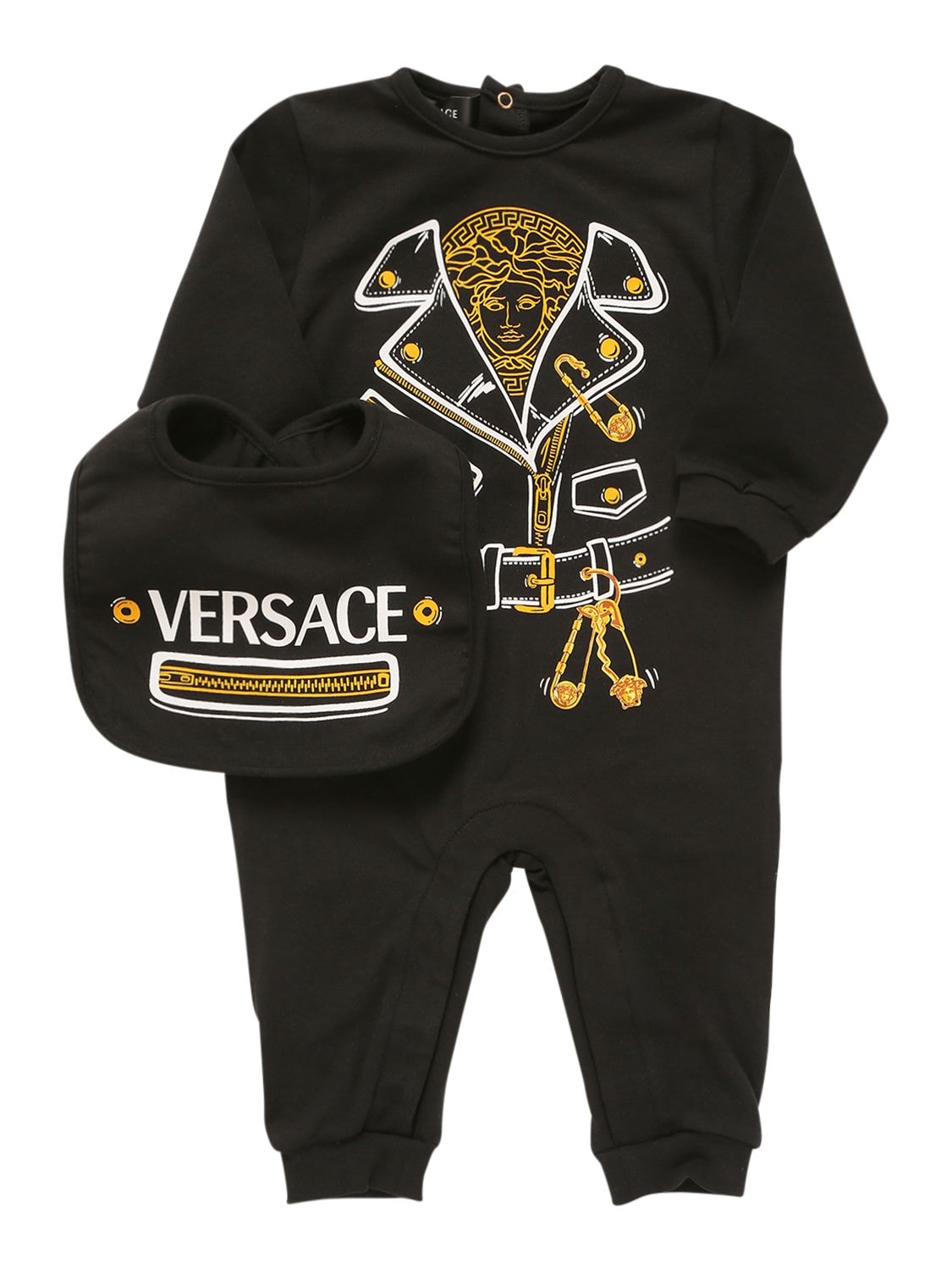Versace Babies' 印花棉质平纹针织连体衣&围嘴 In Black