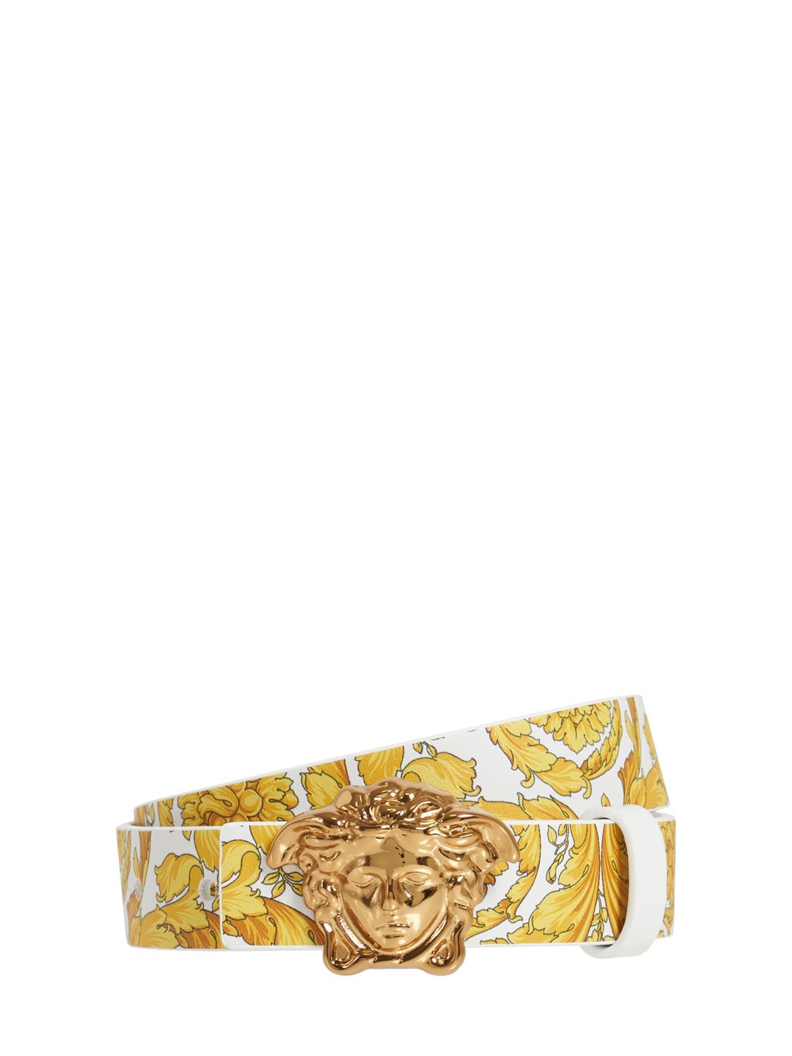 Versace Babies' Baroque Print Leather Belt W/ Medusa In White,gold
