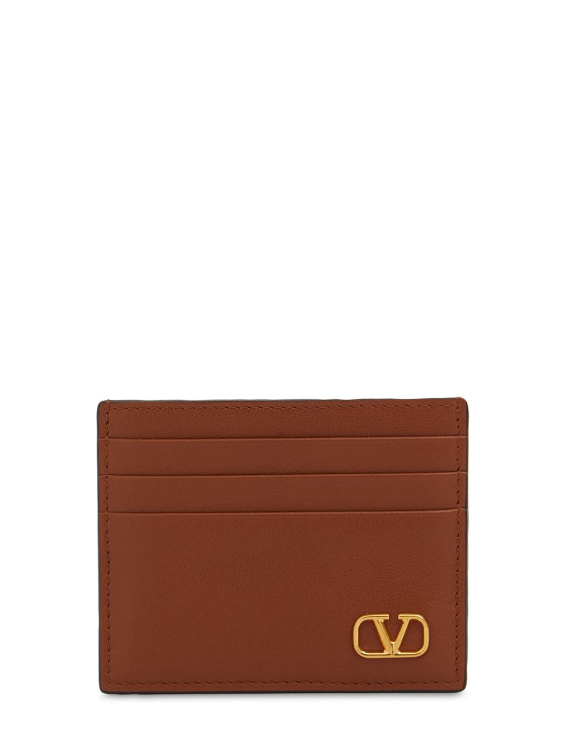 Valentino Garavani Metal Logo & Leather Card Holder In 棕色