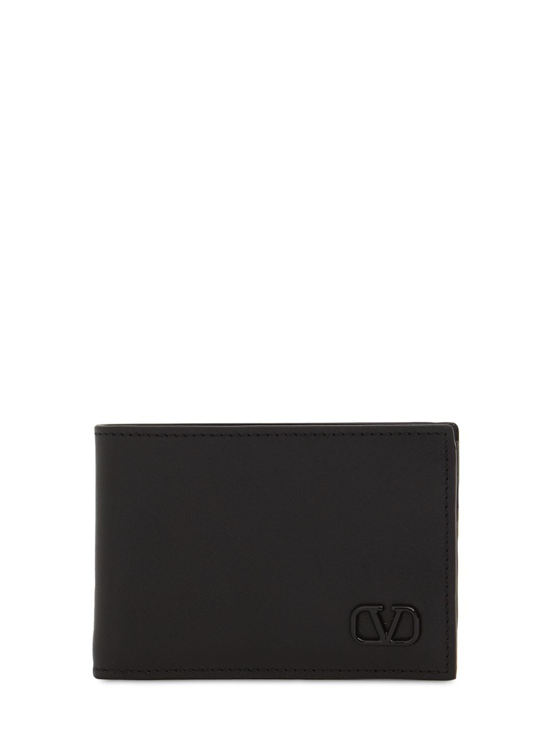 Shop Valentino Metal Logo & Leather Billfold Wallet In 黑色