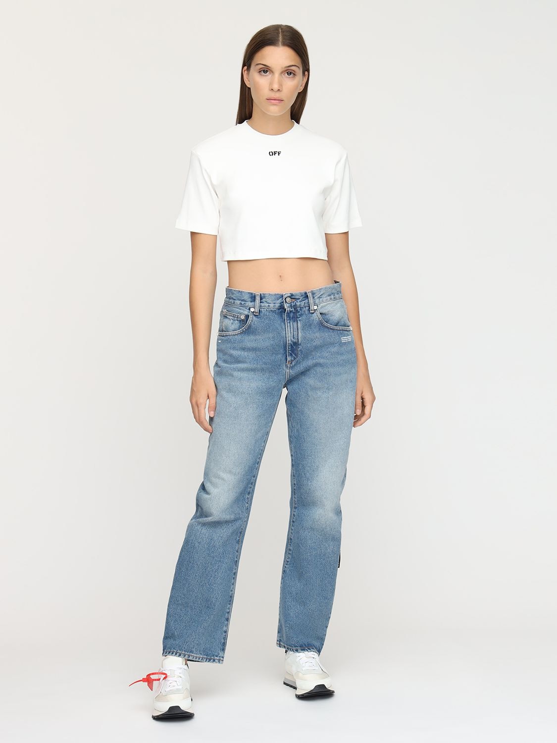 Shop Off-white Cropped Logo Printed Cotton T-shirt In Белый