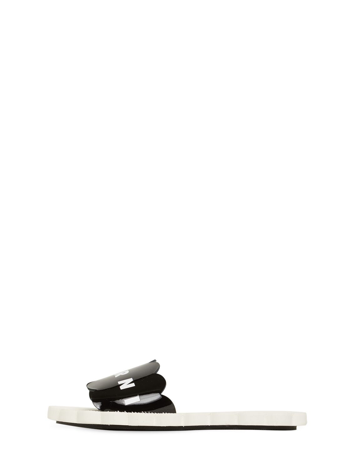 Marni Junior Kids' Logo Print Leather Slide Sandals In White,black