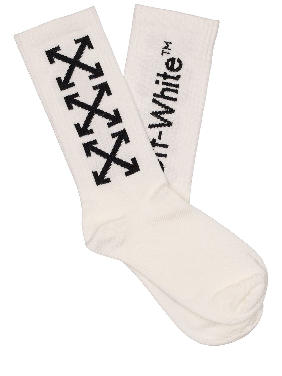 Off-white Kids' Logo Cotton Blend Rib Knit Socks In White
