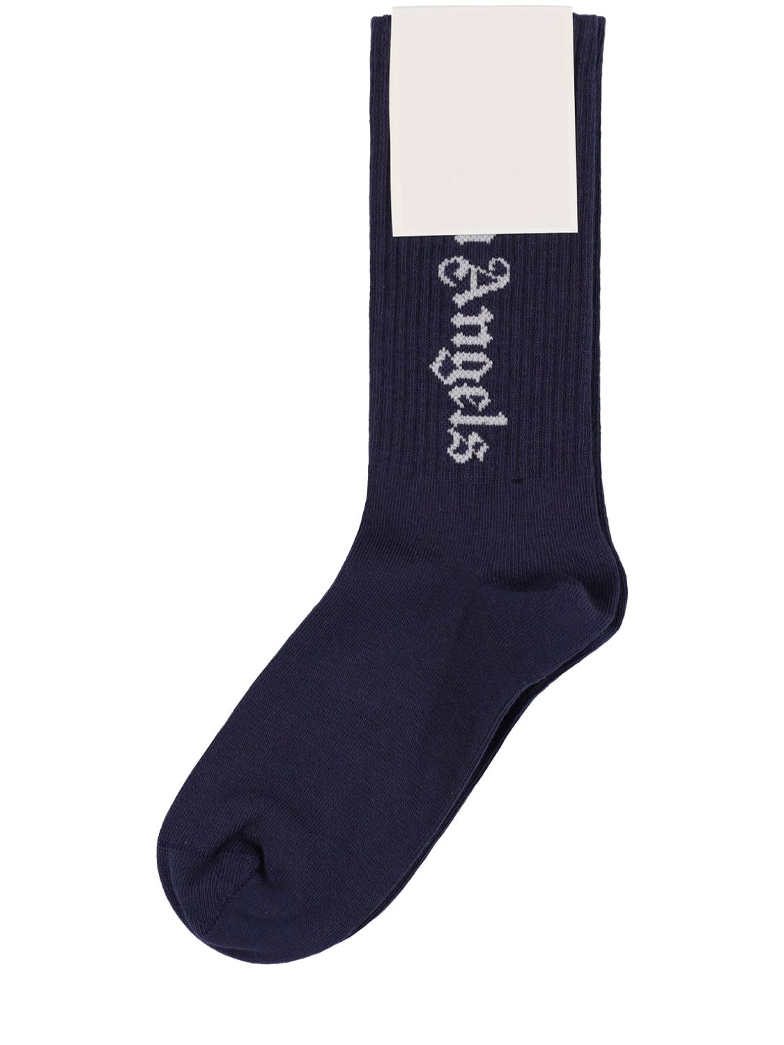 Shop Palm Angels Logo Intarsia Cotton Blend Socks In Navy