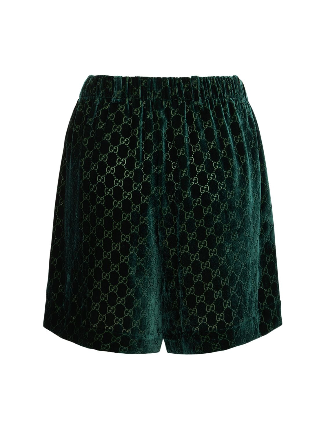 Shop Gucci Velvet Logo Mini Shorts In Dark Green