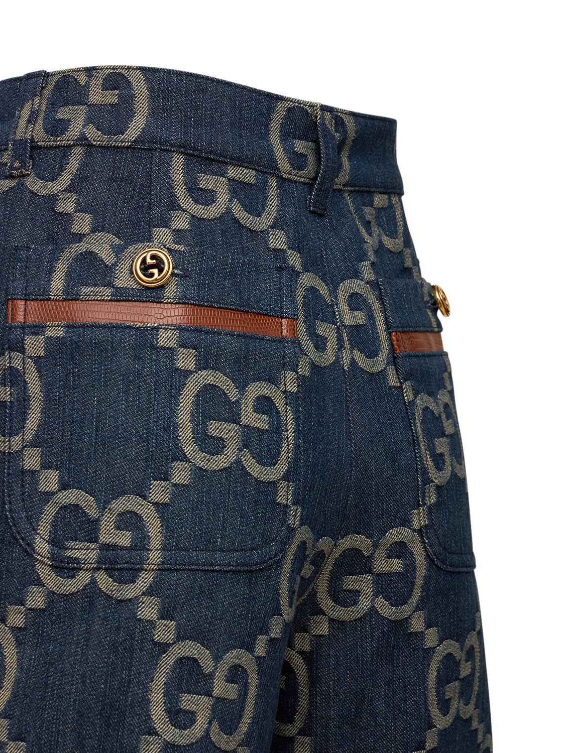 Shop Gucci Jumbo Gg Cotton Denim Shorts In Blue,ivory