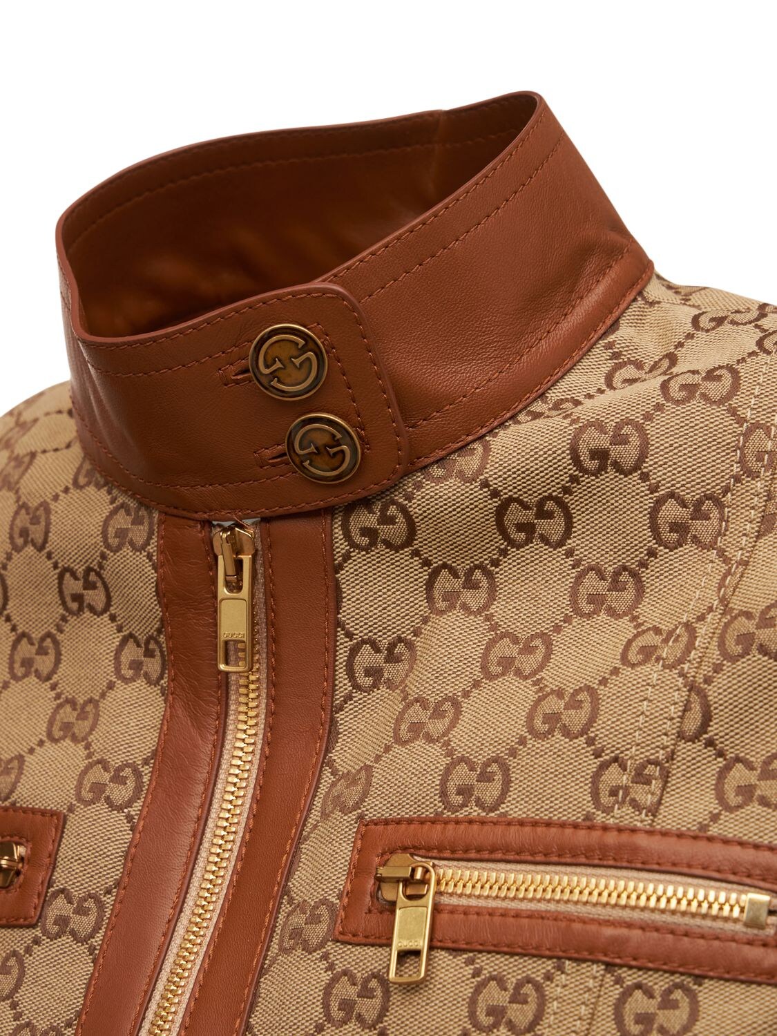 Shop Gucci Cotton Blend Logo Jacket W/ Leather Trim In Camel,mix