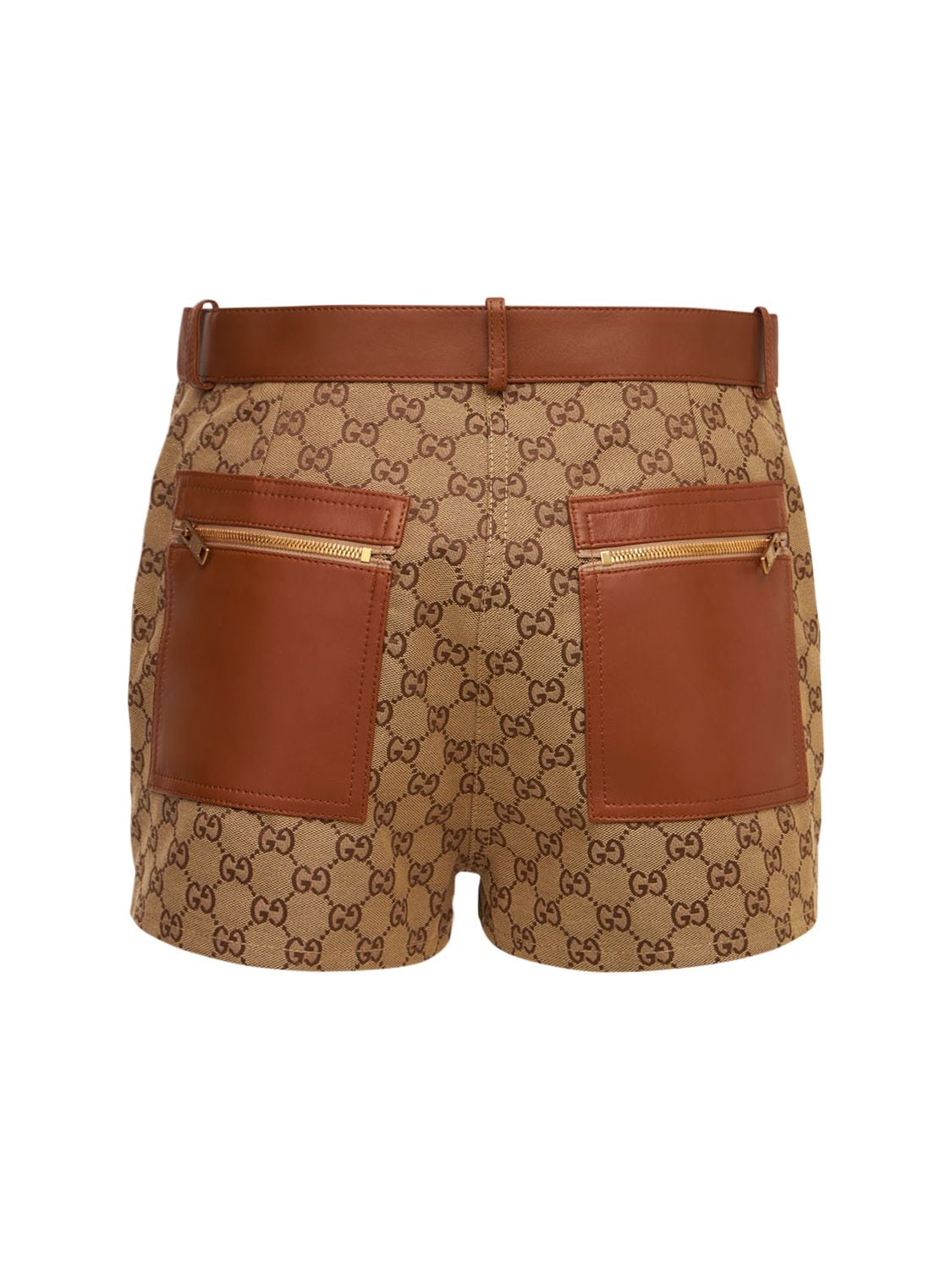 Shop Gucci Logo Cotton Mini Shorts W/ Leather In Camel,mix