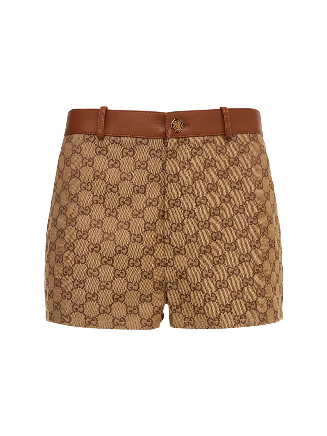 Shop Gucci Logo Cotton Mini Shorts W/ Leather In Camel,mix