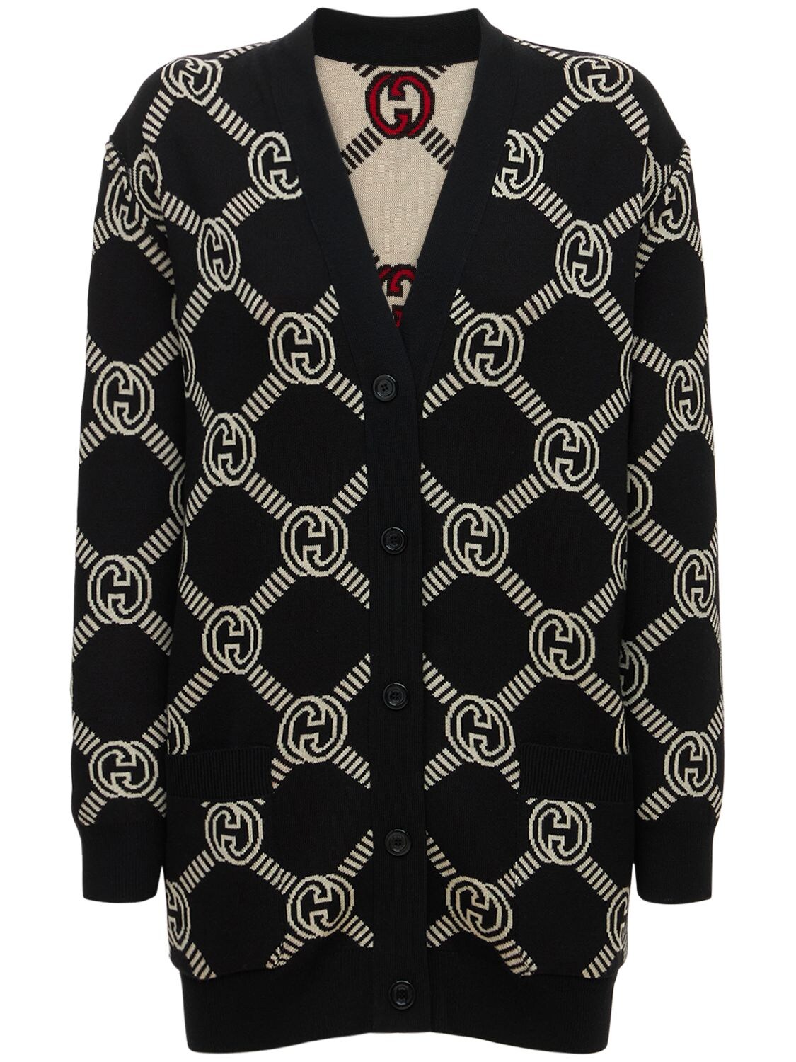 Shop Gucci Reversible Wool Blend Jacquard Cardigan In Almond,black